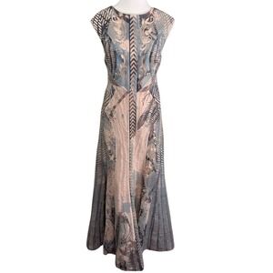Geisha‎ Designs Anthropologie Laser Cut Maxi Dress Blue Beige Geometric Size 8